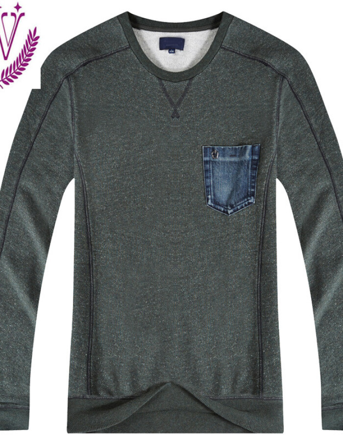 每購EASCO 2015年新款秋冬新款專柜產(chǎn)品 牛仔t恤 圓領(lǐng)薄款花紗男士長袖T恤 深藍色 L