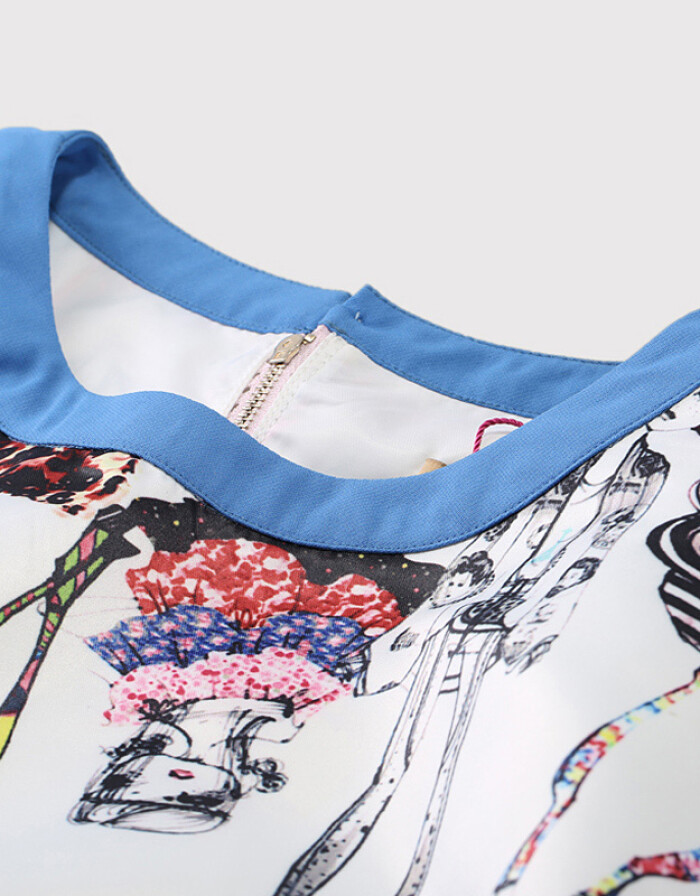 丹思露 2016新款時尚夏季專柜產(chǎn)品 甜美五分袖寬松圓領歐美印花連衣裙女短裙 黑色 XL